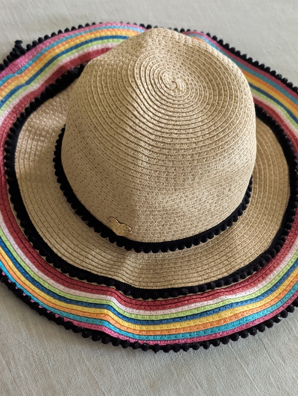 Betsey Johnson Straw Sun Hat with Rainbow Trim - Beige